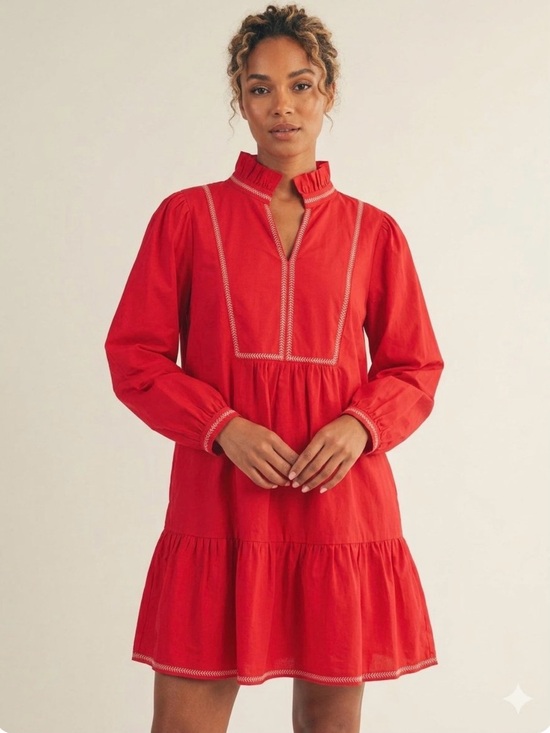 JODIFL Dresses & Skirts - JODIFL Red Ruffled Neck Tiered Babydoll Mini Dress L